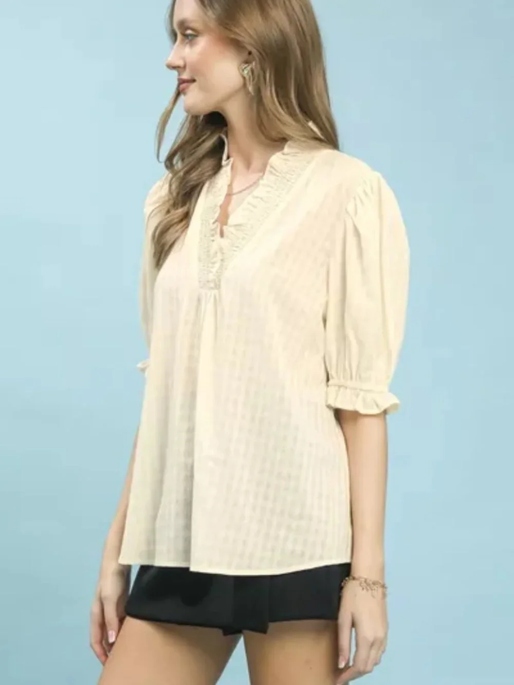 Umgee Textured Check Ruffle V-Neck Blouse - Picture 2 of 6
